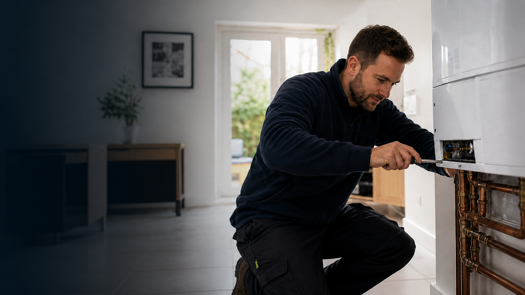Heating engineer servicing a modern domestic boiler
